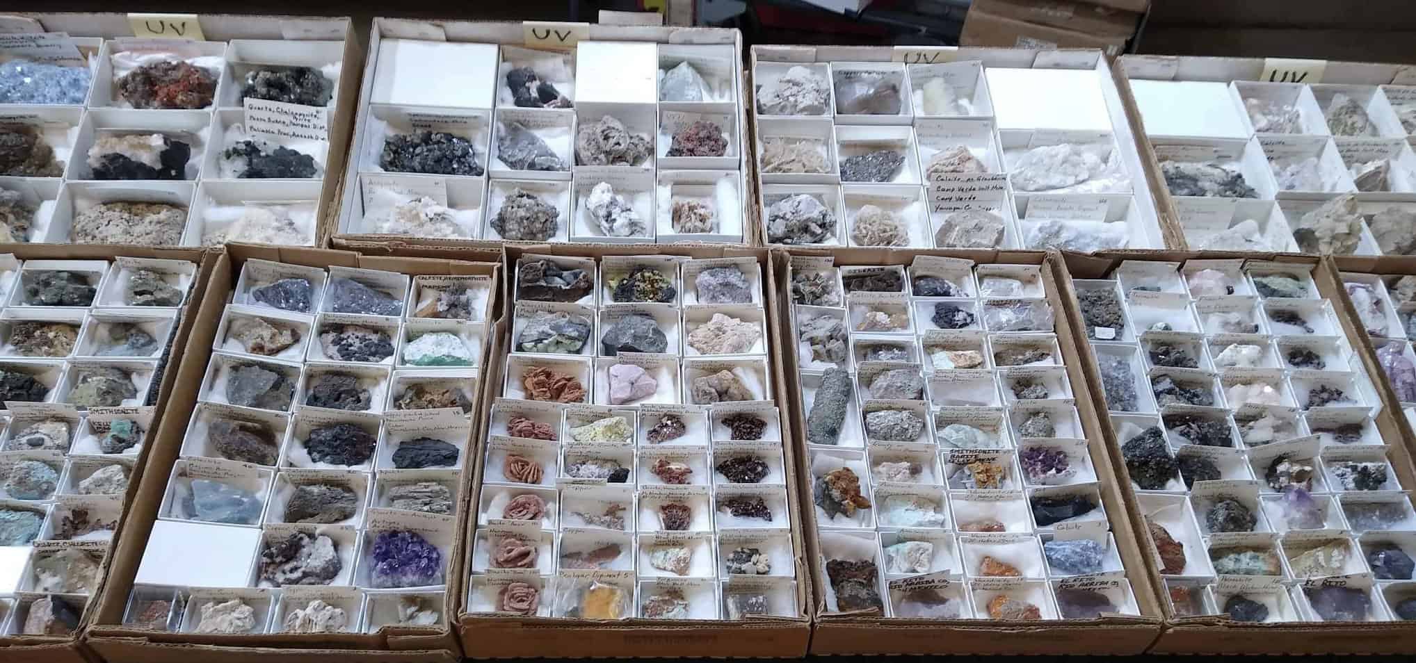 Mineral specimens in boxes
